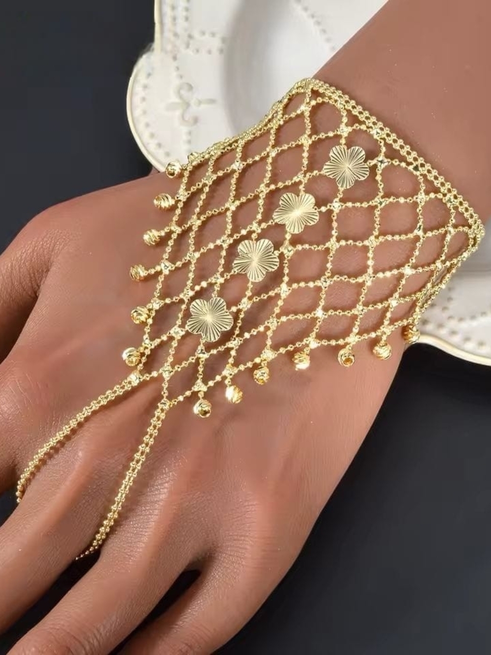 Gold Floral Mesh Hand Bracelet